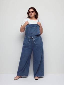 Cider - Washed Women's Square Neck Bow Belt Wide-Leg Jumpsuit Mid Blue