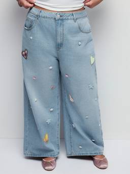 Cider - Denim Women's Mid-Rise Applique Wide-Leg Jeans Light Blue