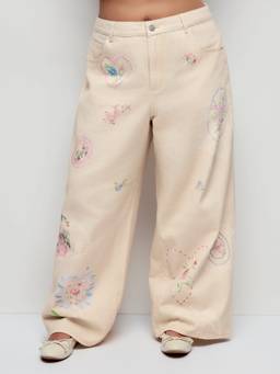 Cider - Denim Women's Mid-Rise Floral Applique Wide-Leg Jeans Beige
