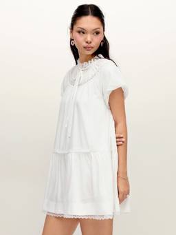 Cider - Linen Blend Women's Lace Trim Puff Sleeve Smock Mini Dress White