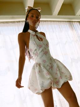Cider - Jacquard Floral Women Halter Bow Bubble Hem Mini Dress Cream