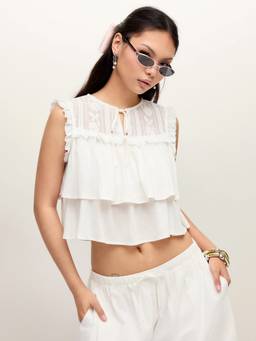 Cider - Linen Blend Women Embroidered Ruffle Hem Crop Blouse White