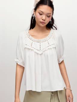 Cider - Linen Blend Women's Ruffle Puff Sleeve Embroidered Blouse White