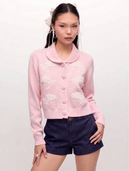 Cider - Floral Embroidery Women Peter Pan Collar Button-Up Cardigan Pink