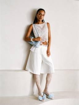 Cider - Lace Floral Women's Embroidered Back Bow Crop Top Cream