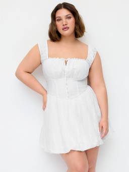 Cider - Broderie Anglaise Women Tie-Front Bubble Hem Mini Dress White
