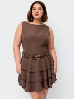 Cider - Layered Hem Women's Sleeveless Round Neck Mini Dress Brown