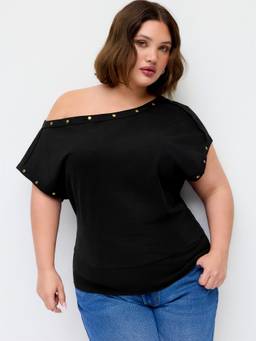 Cider - Cotton-Blend Women Studded Asymmetrical Neck Tee Black
