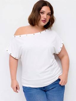 Cider - Cotton Blend Women Studded Asymmetrical Neck Tee Cream