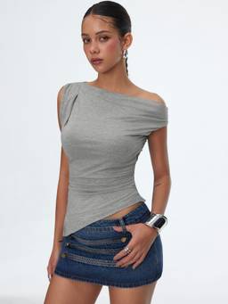 Cider - Asymmetrical Neck Women's Ruched Slim Longline Tank Top Grey