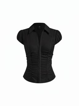 Cider - Cotton Blend Women's Ruched Puff Sleeve Longline Blouse Black
