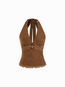 Cider - Floral Jacquard Lace Women Halter Ring Detail Tank Top Brown