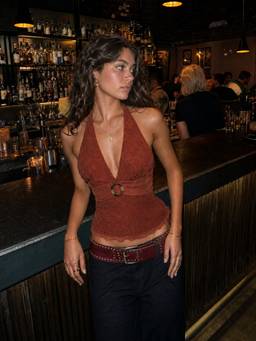 Cider - Floral Jacquard Women Lace Halter Ring Detail Tank Top Wine