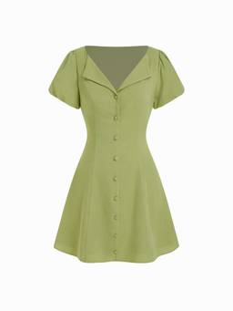 Cider - Cotton Blend Women's Puff Sleeve Tie-Up A-Line Mini Dress Green