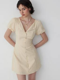 Cider - Striped Women's Puff Sleeve Twist Knot A-Line Mini Dress Yellow