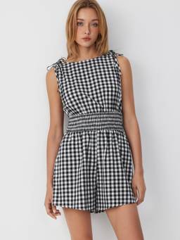 Cider - Gingham Women's Tie-Shoulder Shirred Waist Playsuit Black