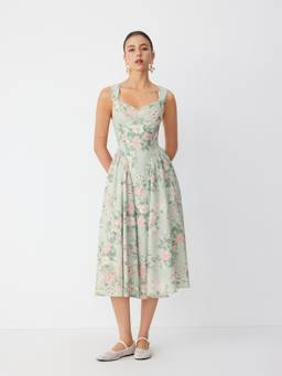 Cider - Linen-Blend Women Floral Sweetheart Flared Midi Dress Pale Green