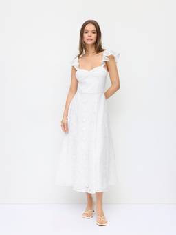 Cider - Broderie Anglaise Women's Sweetheart Ruffle Sleeve Maxi Dress White