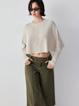 Cider - Knit Textured Women Batwing Sleeve Crop Sweater Cream