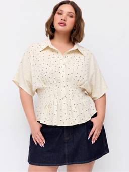 Cider - Polka Dot Women's Ruched Cinched Waist Batwing Blouse Beige