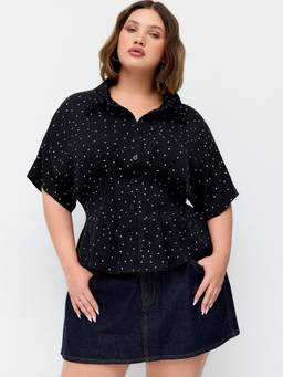 Cider - Polka Dot Women's Ruched Cinched Waist Batwing Blouse Black