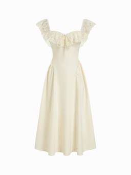 Cider - Lace Ruffle Women's Sweetheart Neck A-Line Midi Dress Cream