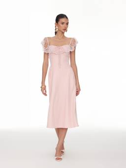 Cider - Lace Ruffle Women's Sweetheart Neck A-Line Midi Dress Pink