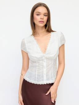 Cider - Eyelet Women's V-Neck Lace Trim Short Sleeve Blouse White