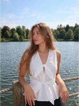 Cider - Tie Front Women’s Sleeveless V-Neck Peplum Top White