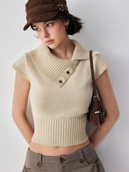 Cider - Knit Cotton-blend Women Asymmetrical Neck Short Sleeve Top Champagne
