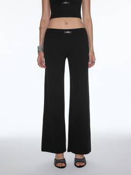 Cider - Cotton-Blend Women Low-Waist Metal Detail Wide-Leg Trousers Black