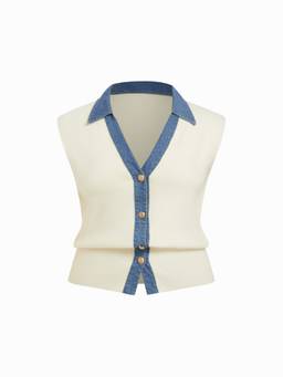 Cider - Knit Women's V-Neck Metal Button Denim Trim Vest Beige