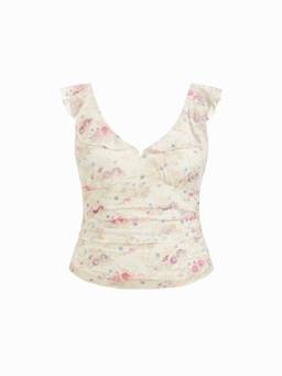 Cider - Mesh Jacquard Women Floral V-Neck Ruffled Cami Top Cream