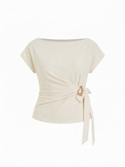 Cider - Twist Knot Women Metal Detail Short Sleeve Top Beige