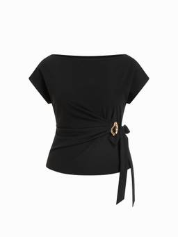 Cider - Twist Knot Women Metal Detail Short Sleeve Top Black