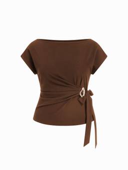 Cider - Twist Knot Women Metal Detail Short Sleeve Tee Brown