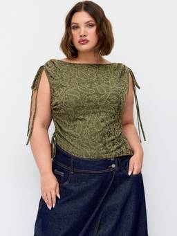 Cider - Jacquard Women Ruched Asymmetrical Top Dark Green