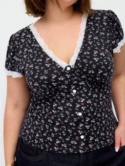 Cider - Ditsy Floral Women Lace Trim V-Neck Puff Sleeve Top Black