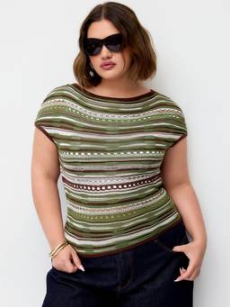 Cider - Striped Pointelle Women’s Boat Neck Short Sleeve Top Olive