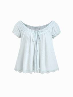 Cider - Textured Women’s Scoop Neck Drawstring Lace Trim Top Baby Blue