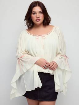 Cider - Textured Chiffon Women Scoop Neck Ruffle Sleeve Blouse White