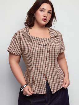 Cider - 100% Cotton Women's Plaid Asymmetrical Neckline Blouse Wine