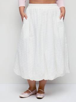 Cider - Lace Floral Women Eyelet Mid-Waist Bubble Midi Skirt White