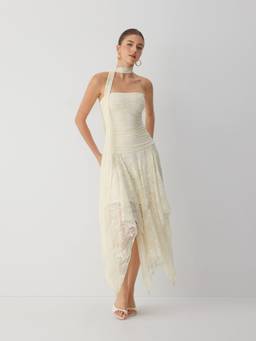Cider - Women's Strapless Lace Asymmetric Maxi Dress Cream
