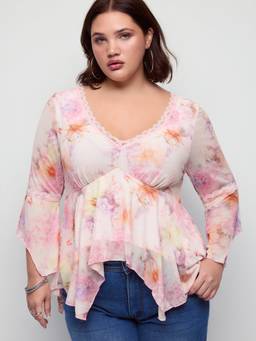 Cider - Mesh Floral Women’s Lace Trim Ruffle Sleeve Top Pink