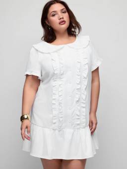 Cider - Peter Pan Collar Women's Ruffle Button-Up Mini Dress White