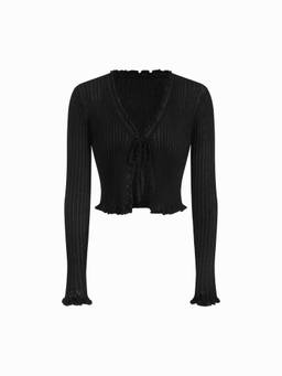 Cider - Knit Textured Women’s V-Neck Tie-Up Ruffle Crop Top Black