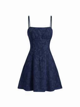 Cider - Jacquard Floral Women's Ruched Square Neck A-Line Mini Dress Navy Blue