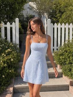 Cider - Jacquard Floral Women Ruched A-Line Mini Dress Light Blue