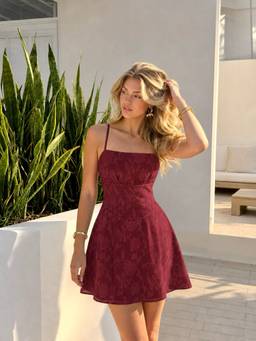 Cider - Jacquard Floral Women's Ruched A-Line Mini Dress Wine
